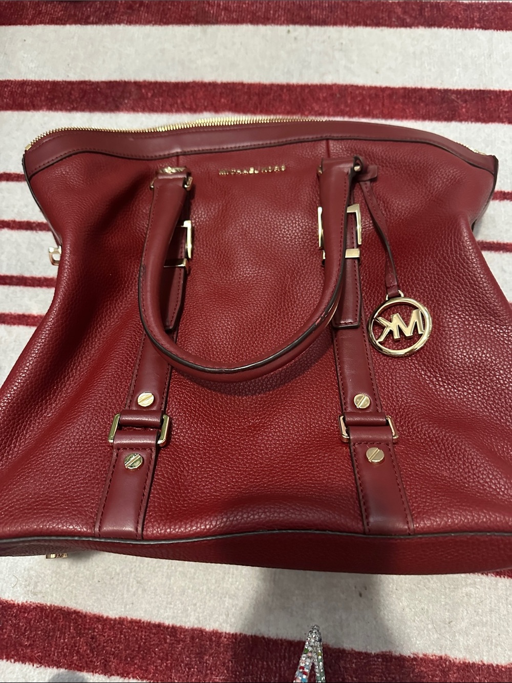 Michael Kors Burgundy Pebbled Leather Tote with Gold Hardware